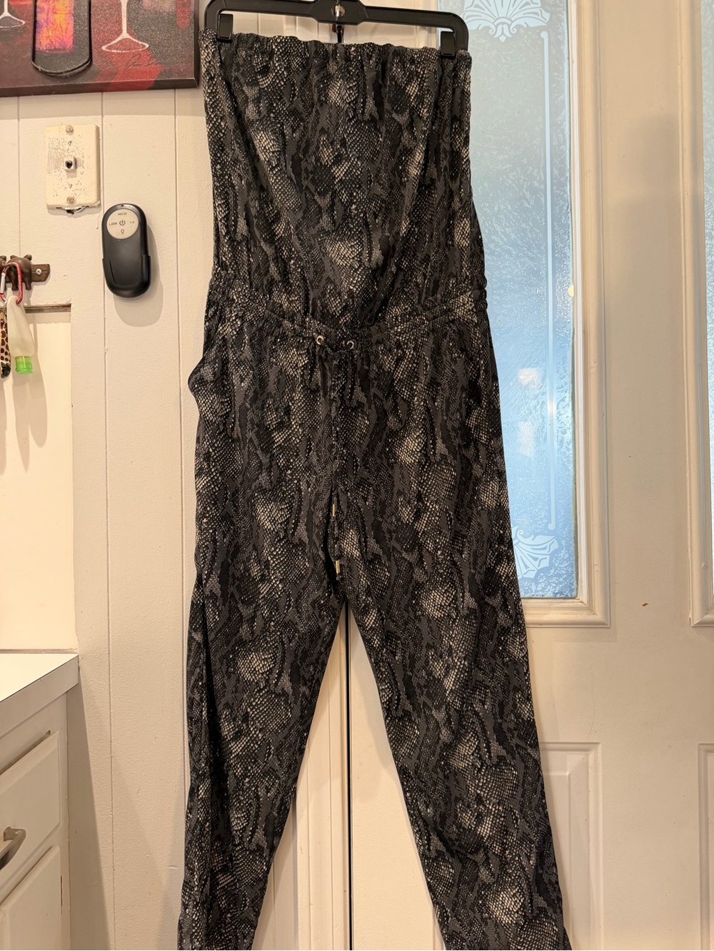 Express Black and Gray Snake-Print Strapless Jumpsuit
